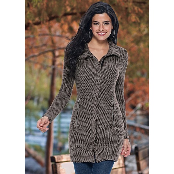 FWP Venus Taupe Zip Front Knit Sweater Coat FWP Venus Taupe Zip Front Knit Sweater Coat